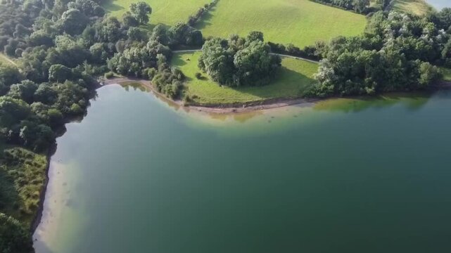 High Altitude Bird Eye View of Carsington Water Channels and Green Patchwork Fields Derbyshire