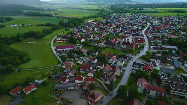 Aerial view of the city Berg bei Neumarkt in der Oberpfalz in Germany, Bavaria on a cloudy day in spring