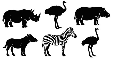Fototapeta premium African Wildlife Silhouettes Set with Rhino, Hippo, Zebra, Ostrich, and Equine Icons