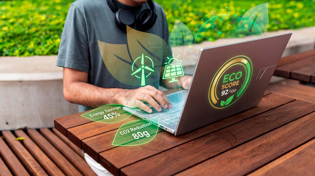 Eco driven man monitoring sustainable energy impact data