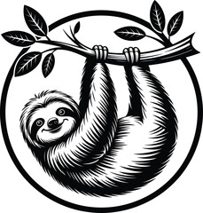 Fototapeta premium Black and White Vector Illustration of a Cute Sloth Hanging on a Tree Branch with Leaves in a Circular Frame for Nature and Wildlife Design.Black and White Vector Illustration of a Cute Sloth