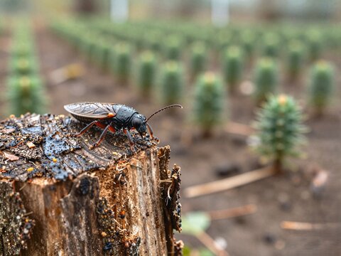 Close-Up Macro Image of Sawfly on Weathered Timber Offcut with Blurred Conifer Rows