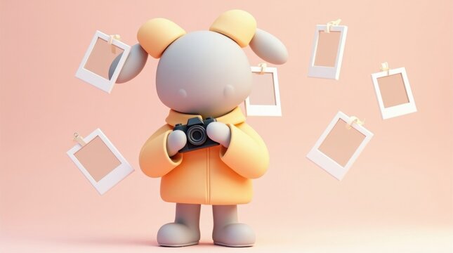 Creador de contenido, personaje de dibujos animados en 3D que sostiene una c&aacute;mara con marcos de fotos flotantes alrededor
