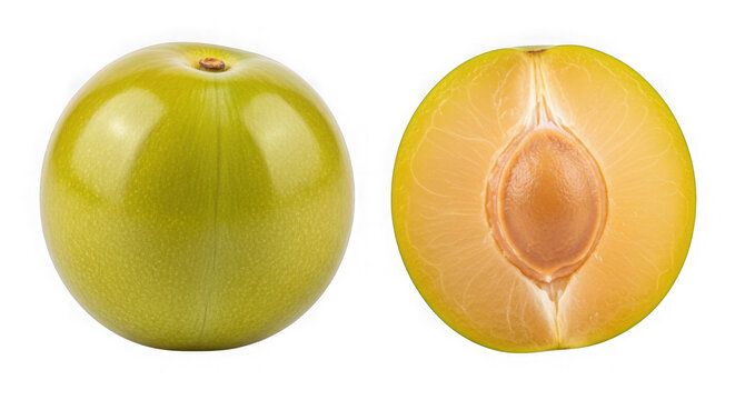 A green plum and a cut plum showing its pit
