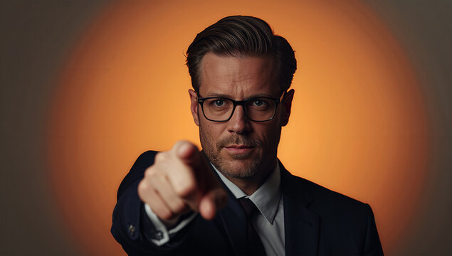 欧米の男性30代の指差しが決断を象徴するミニマル肖像