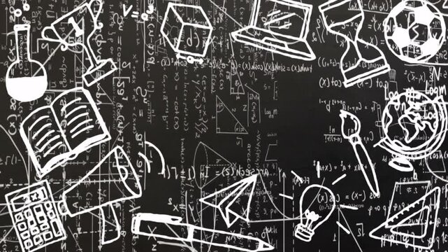 Animated mathematical equations and scientific doodles over blackboard background