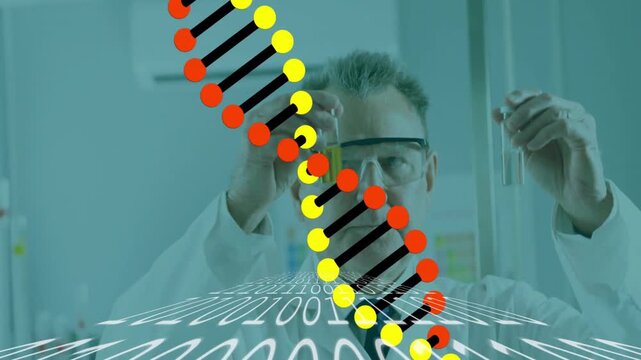 DNA strand and binary coding, scientific data processing animation over scientist