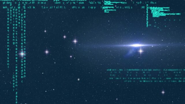 Digital cosmic scene being animated with bright lens-flare star, teal grid motifs, twinkling stars