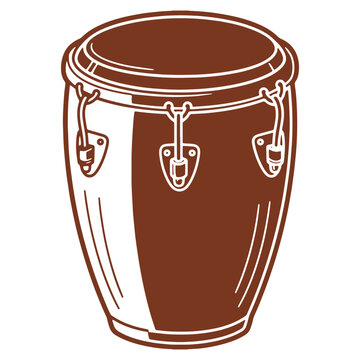 Detailed illustration of a conga drum percussion instrument perfect for musical designs and cultural representations featuring a brown color palette and white outline
