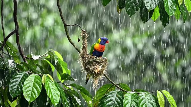 Colorful lorikeet perched on rainy nest in lush green forest