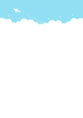 Obraz premium 青空を飛ぶ飛行機と雲の背景、旅行のイメージイラスト、縦