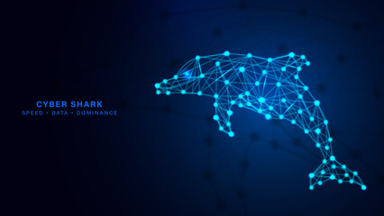 Cyber Shark Digital Network Technology Background, Futuristic Blue Polygon Shark Data Concept, Neon Wireframe Shark Tech Innovation Banner, Abstract AI Shark Cyber Security Background © Dream Graphics
