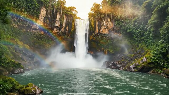 A majestic waterfall cascades down a rocky cliff face, viewed through the forest, a rainbow forms