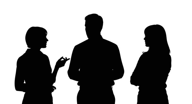 Three Silhouetted People Standing and Communicating.