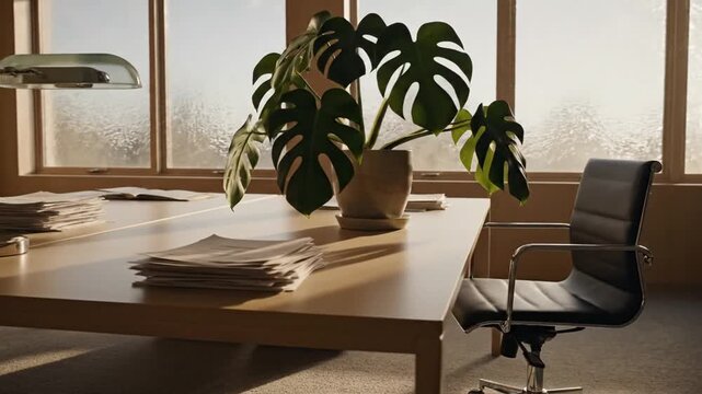 A quiet office space bathed in soft diffused daylight with a desk, lamp, and potted monstera