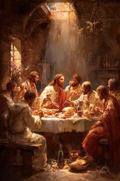 The Last Supper Solemn Biblical Moment of Jesus Christ Breaking Bread With Apostles Under Divine Light
