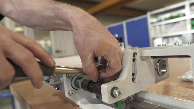 Technician tightening a lead screw assembly on a precision linear actuator. Close up of mechanical adjustment of a positioning system in a workshop.