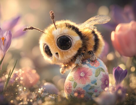 Cute Fluffy Bumblebee with Large Eyes Resting on a Floral Easter Egg in a Sunny Garden