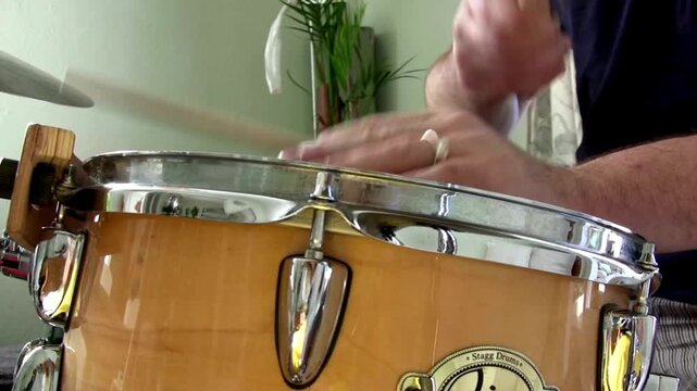 powerfully closeup view on stage finishes rehearsal In the recording studio of musical instruments Copper plates on a warm background while making