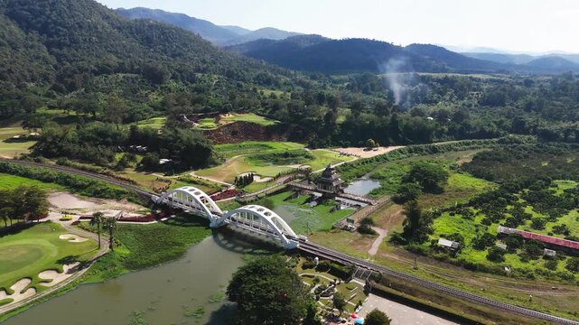 Drone circling Tha Chomphu White bridge (1of2)