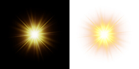 Brilliant radiant solar shine PNG isolated on transparent and black background with blazing beam...