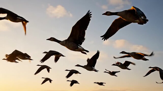 Geese flying together across sky