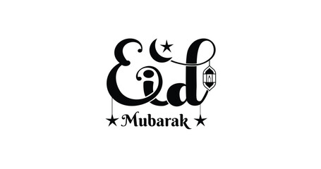 An elegant Eid Mubarak handwritten text illustration with a crescent, star, and lantern. This is perfect for Islamic holiday greetings and festive designs