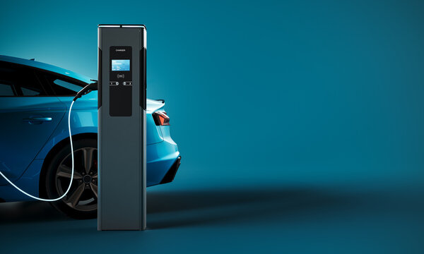 Blue electric car connected to charger on blue background with copy space. 3D Rendering, 3D Illustration