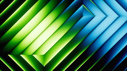 Fototapeta premium 3d rendering. Abstract minimalist geometric background. Diagonal metallic texture with blue green gradient. Ribbed glass illuminated with neon light