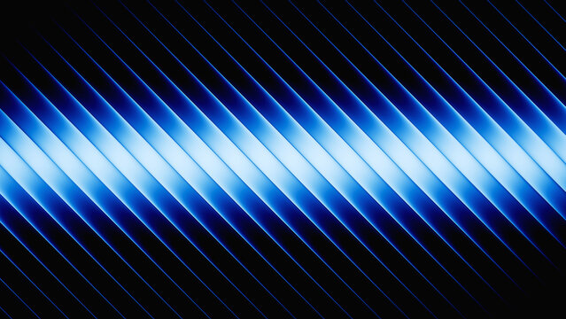 3d render. Abstract minimalist geometric background. Metallic texture illuminated with blue neon light. Ribbed glass wallpaper
