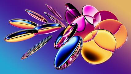 Abstract glass discs floating in space with vivid reflections and gradient tones. 3d render...