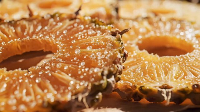 Close up of golden pineapple slices with granulated sugar topping