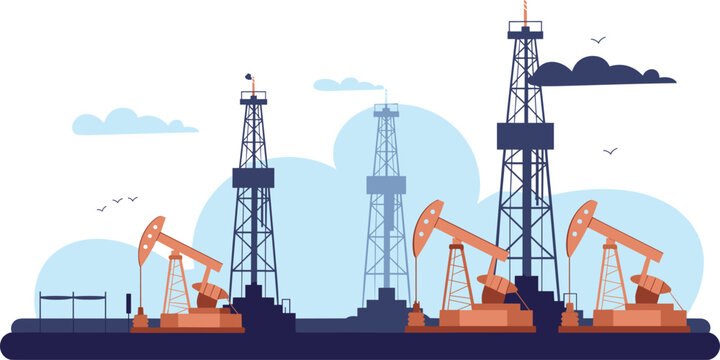 Industrial oil field landscape vector illustration with drilling rig towers and pump jack machinery for energy production