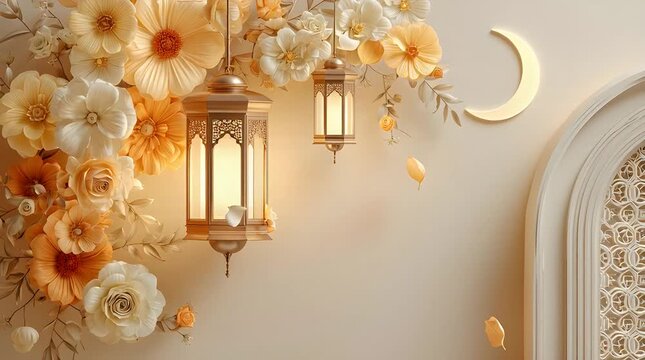 Ramadan Festive Lanterns with Floral Decorations and Crescent Moon