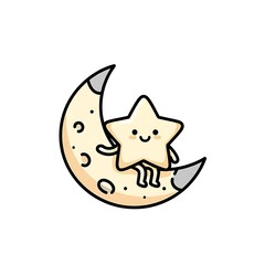 A star sitting on a crescent moon with a smiley face, creating a whimsical and dreamy atmosphere in a simple yet charming illustration.