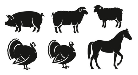 Farm Animals Silhouettes Set: Pig, Sheep, Turkey, and Horse Icons