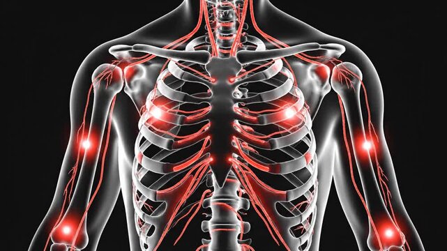 Human skeleton with highlighted joints and bones on a black background, illustrating pain or inflammation
