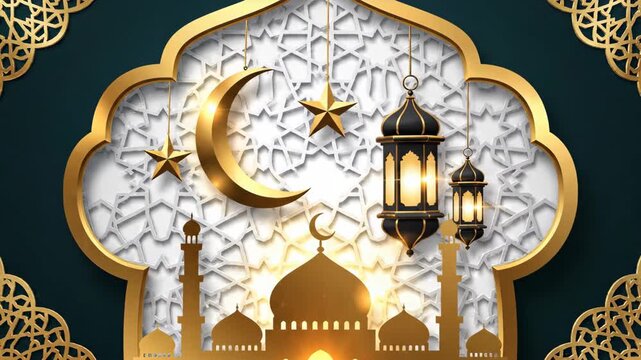 Golden Islamic Mosque with Crescent Moon and Lanterns.