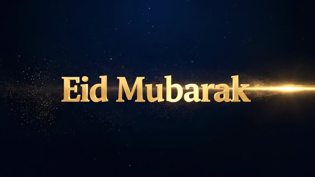 Golden Eid Mubarak Typography on Deep Blue Background with Subtle Light Ray and Shimmering Particles Representing Premium Islamic Holiday Digital Greetingseid, mubarak, greeting, gold, typography, tex