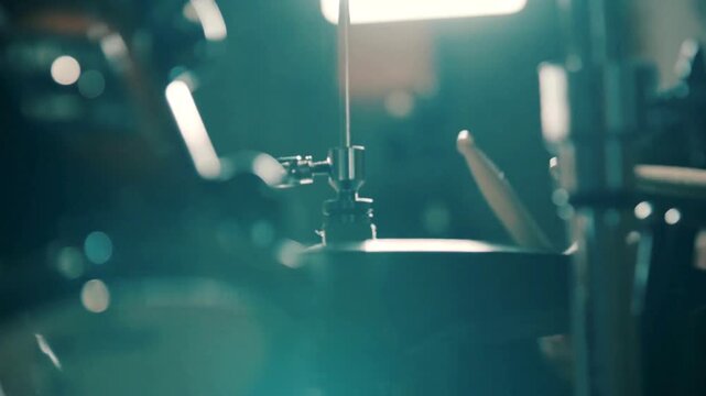 Close up of drumsticks hitting drums Cheerful male rocker performing solo in recording studio Male professional holds drumsticks in hands closeup view