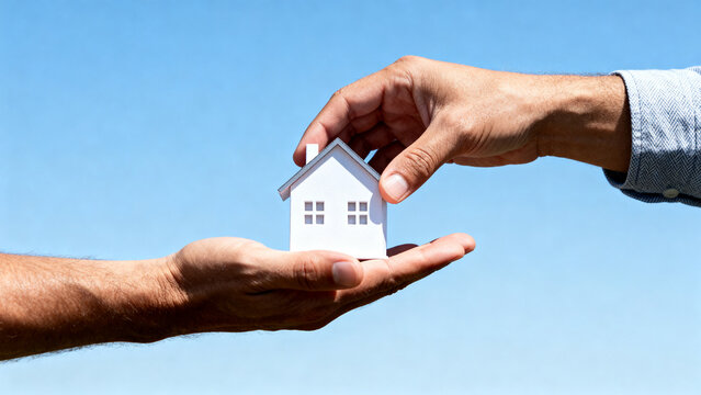 広告余白のある家模型の手渡し、住宅サービス向けの写真素材