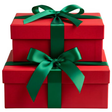 A stack of red gift boxes with green ribbons and bows on top for christmas