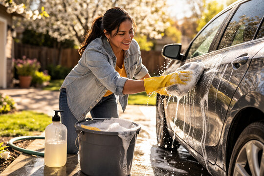 Woman washing car by hand in sunny driveway