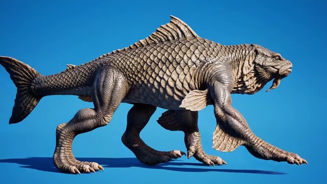 A fantasy creature with the body of a fish and the legs of an animal walking on a blue surface with a shadow