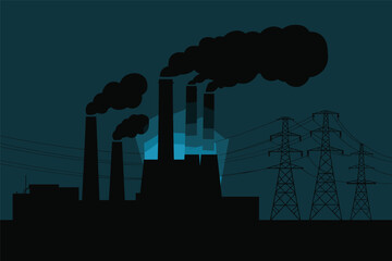 Obraz premium Industrial Factory with Smokestacks Emitting Smoke at Night, Air Pollution Concept