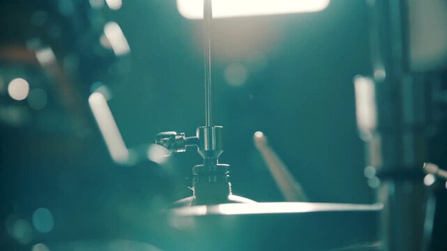 man drummer hitting drum cymbals on stage A musician playing drums in action Joyful with drumsticks HD Super Slow-Mo stick Splashing Off blurred background