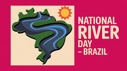 National River Day Brazil - Map Outline with River and Sun