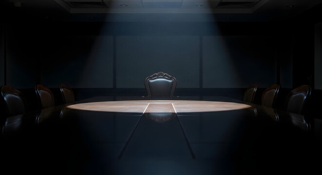 A single spotlight illuminates the empty head chair and center of a dark, formal conference room, creating a dramatic and mysterious atmosphere.