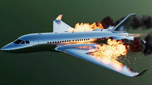 Futuristic Jet Engulfed in Flames and Smoke. Intense cinematic 3D rendering of a luxurious supersonic business jet in polished chrome/silver finish