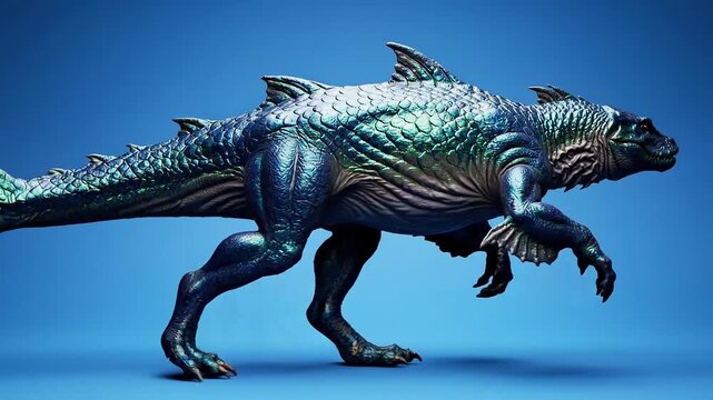 A large blue dinosaur toy with sharp teeth and claws on a blue background
